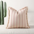 Beige striped cotton pillow cover with red details and fringe trim on sofa - Without Core / Red / 45*45mm