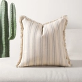 Square poly-cotton striped pillow cover with blue stripes and fringe edges - Light Blue