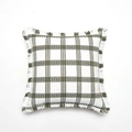 Square olive green plaid cushion cover with fringe edges in a minimalist tweed style - With High Elastic Brushed Fabric Core / Olive Green