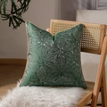 Dark green geometric throw pillow cover with silver embroidery and beige piping edge - Abundant Flowers