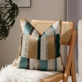 Modern geometric pillow cover with teal and gold panels and elegant piped edges - Green Square Patchwork