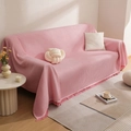 Rosafarbene Sofa-Waffelstrickdecke mit dekorativen Fransen und weicher Textur - Pfirsichrosa / 130x180cm