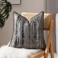Housse de coussin à rayures métalliques bleu foncé et gris argenté avec passepoil noir - Sans Insert / Gris Noir