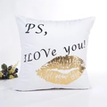 Λευκή μαξιλαροθήκη με κείμενο PS I LOVE YOU και χρυσό μεταλλικό αποτύπωμα χειλιών - Χρυσό Αποτύπωμα Χειλιών (3) / Μόνο Θήκη