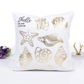 White square pillowcase with golden foil shell and starfish hand drawn illustrations - Gold Shells Hand Drawn Illustration Style (13) / With 400g Non-woven Core