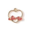 Golden heart charm with red love script enamel for DIY jewelry making and bracelets - Red Gold Plated