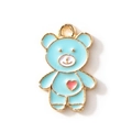 Colgante de oso azul esmaltado con corazón rosa y borde dorado para joyería DIY - Estilo de Oso con Corazón / Azul Chapado en Oro