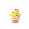 Cartoon cupcake alloy charm with pink heart and yellow enamel for DIY jewelry making - Pink