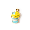 Cupcake charm pendant with gold metal edges and yellow cream frosting for DIY jewelry - Blue
