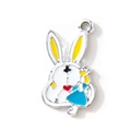 Alice im Wunderland Hasenanhänger mit weißem Emaille-Finish und Herz-Detail-Charm - Dunkelblau Versilbert