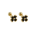 Detail of flower-shaped S925 sterling silver studs with black gems and screw-back balls - 925 Silver / Gold (Black Stone)