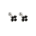 Detailed view of S925 silver four-leaf clover earrings with black cubic zirconia and screw backs - 925 Silver / White Gold (Black Stone)