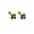 Detailed view of gold flower earrings with green crystals and secure screw backings - 925 Silver / Gold (Green Stone)
