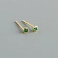 Close-up of small square green zircon stud earrings with elegant gold plating detail - Square Green Zirconia (Gold) / 925 Silver