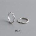 Macro detail of 14mm S925 sterling silver hoop earrings with a beaded dot texture design - Inner Diameter 14mm / White Gold