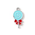 Lollipop charm with blue enamel swirl and red bow pendant for DIY jewelry making - Blue (Silver Plated)