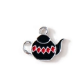 Cartoon teapot enamel pendant in black with red diamond pattern for DIY bracelets - Black Silver Plated