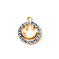 Smiling face charm with light blue rhinestones in a gold finish for DIY jewelry - Blue Gold Plated