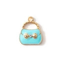 Light blue enamel handbag pendant with golden woven handle and bow accent charm - Blue (Gold Frame)