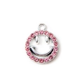 Silver plated smiling face charm with pink rhinestones for DIY jewelry making - Pink Silver Plated