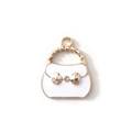 White enamel handbag pendant charm with gold bow and crystal for DIY jewelry making - White (Gold Frame)