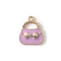Pink enamel handbag charm with gold braided handle and bow knot rhinestone detail - Purple (Gold Frame)
