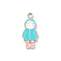 Cartoon girl alloy enamel pendant in blue coat for DIY jewelry making and charms - Blue Light Gold Plated