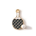 Colgante de raqueta de ping-pong dorada con esmalte negro y pequeña perla blanca fina - Raqueta de Ping Pong / Negro Chapado en Oro