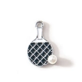 DIY table tennis racket pendant with black enamel finish and white pearl bead - Ping Pong Racket / Black Silver Plated