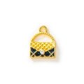 Quilted black enamel handbag charm with gold plating and sparkling crystal accent - Black Gold Plated