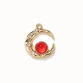 Golden moon charm with red gemstone and white rhinestones for DIY jewelry making - Red Plated Gold