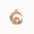 Golden moon charm with pink bead and tiny rhinestones for DIY jewelry making - Pink Plated Gold