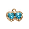Double heart charm with light blue crystal and gold plating for DIY jewelry - Blue Plated Gold