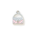 Pink enamel handbag charm with quilted design and crystal for DIY jewelry making - Pink Silver Plated