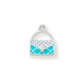 Teal enamel quilted handbag charm in silver finish with center crystal accent - Blue Silver Plated
