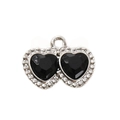 Ciondolo doppio cuore con pietre in vetro nero sfaccettato e bordo in argento - Nero Placcato Argento