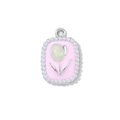 Pink tulip charm with white resin petals and pearl border in rectangular metal frame - Silver Plated Pink Tulip