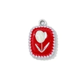 Vintage rectangular pendant with red enamel, white tulip detail and pearl border trim - Silver Plated Red Tulip