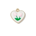 Handmade white heart enamel charm with pink tulip pattern and golden beaded border - Gold Plated Heart