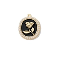 Vintage oval pendant with golden rose relief, black enamel and faux pearl trim - Gold Plated Black Rose