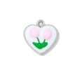 White enamel heart pendant with pink tulips and silver dotted edge for jewelry making - Silver Plated Heart