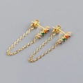 Detailed macro view of S925 sterling silver chain earrings with colorful zircon stones - 925 Silver / Mixed Color (Gold)