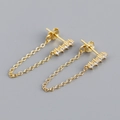 Detailed view of S925 sterling silver tassel chain earrings with zircon studs - 925 Silver / Clear White (Gold)