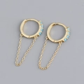 Detailed close-up of gold hoop earrings with turquoise beads and delicate chain tassels - 925 Silver / Blue Turquoise Gold