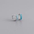 Detail of silver hoop earrings with rectangular blue zircon stones and spring closure - 925 Silver / Turquoise (Silver)