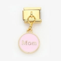 Macro shot of gold-plated pink enamel Mom charm for Italian modular DIY bracelets - Pink MOM (12)