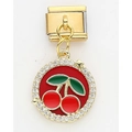 Detailed view of Italian charm pendant with red cherry design and sparkling zircon pavé - Red Cherry Disc (3)