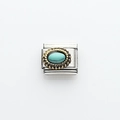 Detail of Italian modular link charm with oval turquoise stone and gold beaded edge - Oval Green Turquoise Pattern (2)