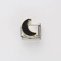 Macro shot of Italian charm link featuring a black crescent moon with gold beaded trim - Black Moon (25)