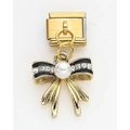 Italian charm featuring a black enamel bow with crystals and white pearl on a gold base - Black Bow (1)